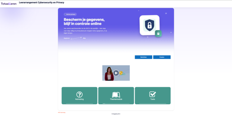 De leeromgeving Online privacy met introductievideo, nulmeting, theoriemodule en toets.