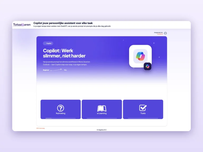 Portaal van de Copilot cursus van Totaalleren met nulmeting, e-learning en toets