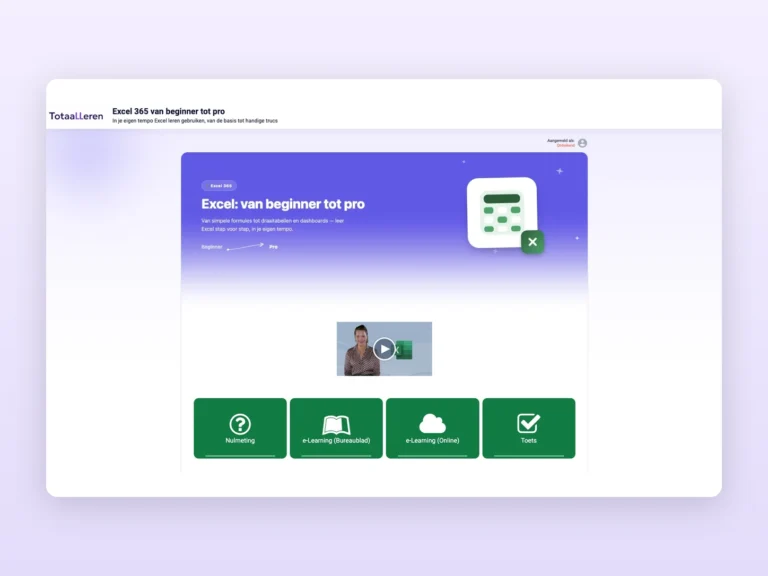 Portaal van de Excel cursus van Totaalleren met nulmeting, e-learning en toets