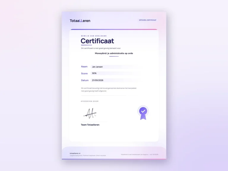 Voorbeeld van het Totaalleren-certificaat voor de Moneybird cursus