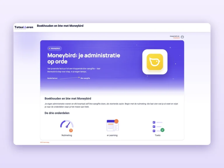 Portaal van de Moneybird cursus van Totaalleren met nulmeting, e-learning en toets
