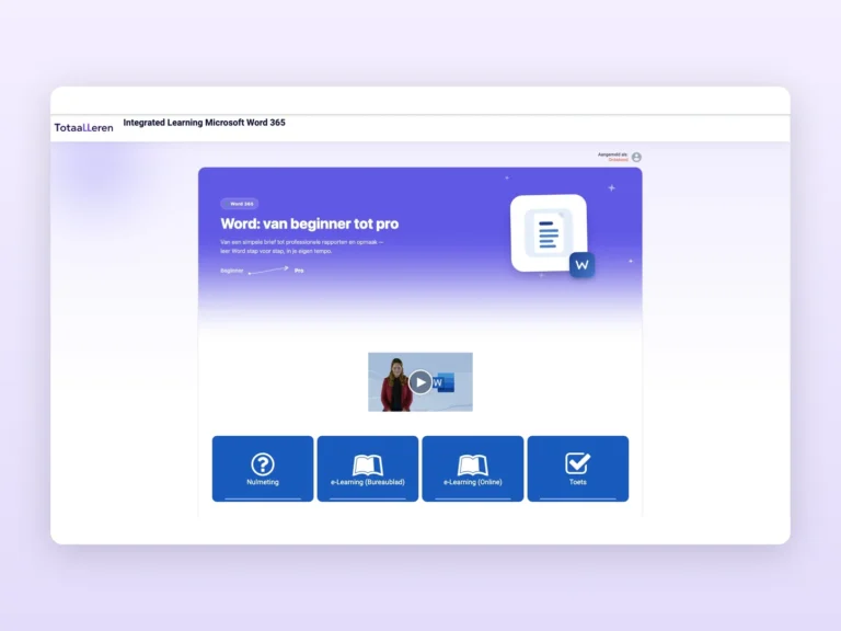 Portaal van de Word cursus van Totaalleren met nulmeting, e-learning en toets